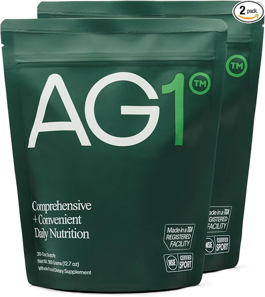 AG1 Greens Powder Supplement | Improve Gut Health | Multivitamin, Probiotic, Gluten Free, Vegan and Keto Friendly | 75 Vitamins (Athletic Greens) - 2 Pack (30 Servings Per Pouch)