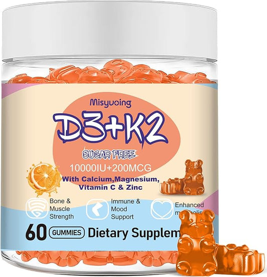 Vitamin D3 K2 Gummies Sugar-Free,Vitamin D3 10000 IU with K2 200mcg,VitaminC,Calcium,Magnesium,Zinc,Support for Bones,Joints,Muscles,Nerves,and Immune System