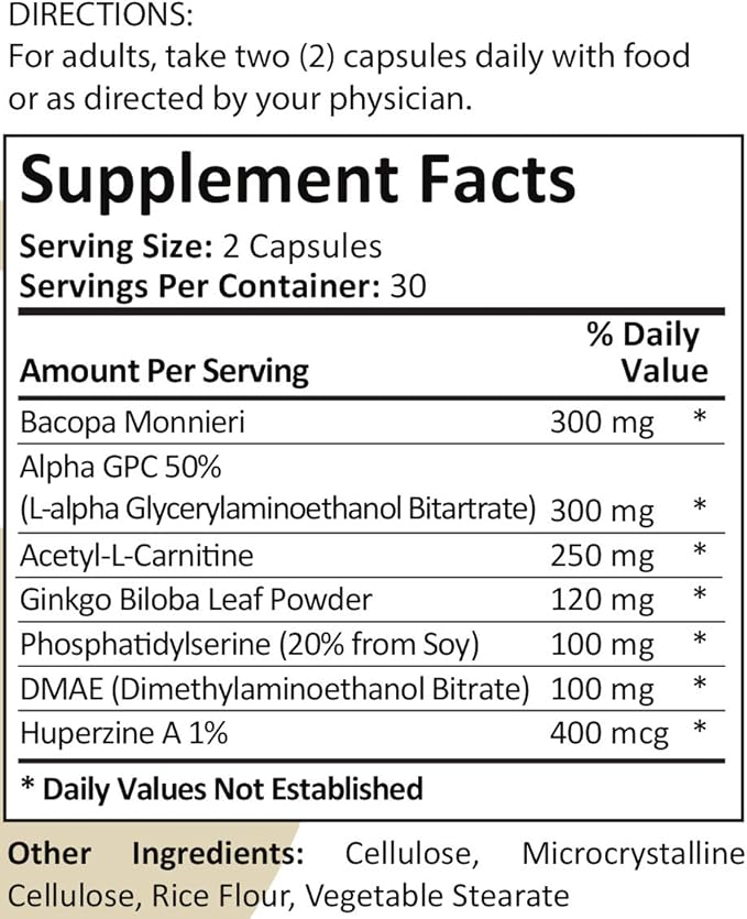 Memormax Brain Supplement for Memory, Focus & Mental Clarity with Ginkgo Biloba, Bacopa, Alpha GPC, DMAE, Phosphatidylserine, L Carnitine, Huperzine A; 60 Caps