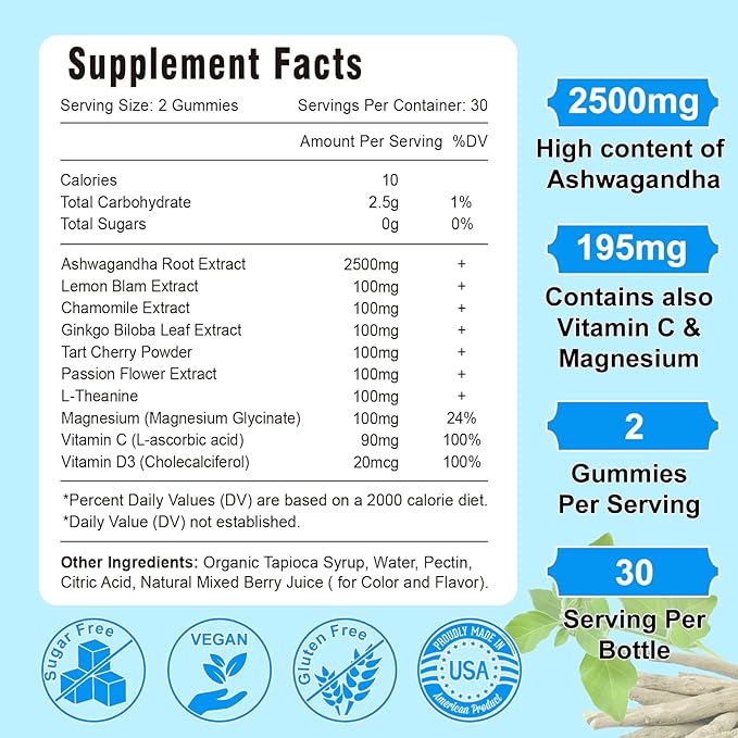 Sugar Free Ashwagandha Gummies for Women Men, Organic Ashwa Root Extract Supplement for Relax Restore Balance, Vegan Gluten Free, 60 Count