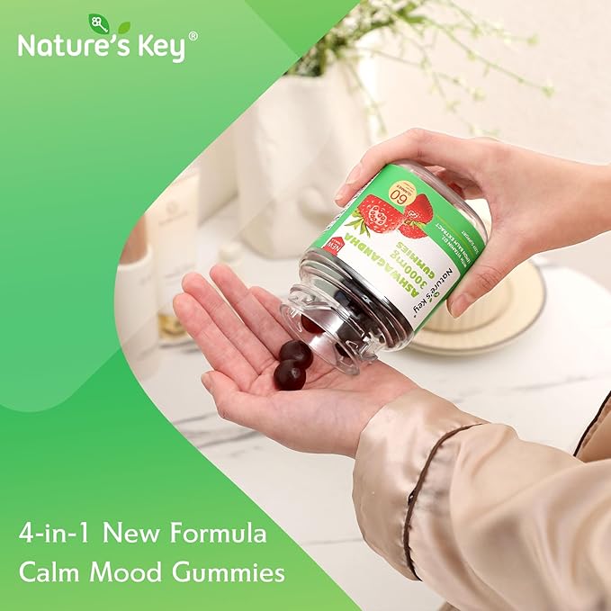 Nature's Key Upgraded 2.0 Ashwagandha Gummies, 3000mg Extra Potency Ashwagandha Supplement | with Vitamin D2, Lemon Balm, & Black Pepper ，for Stress Relief and Good Sleep (60 Count, Pack of 1)