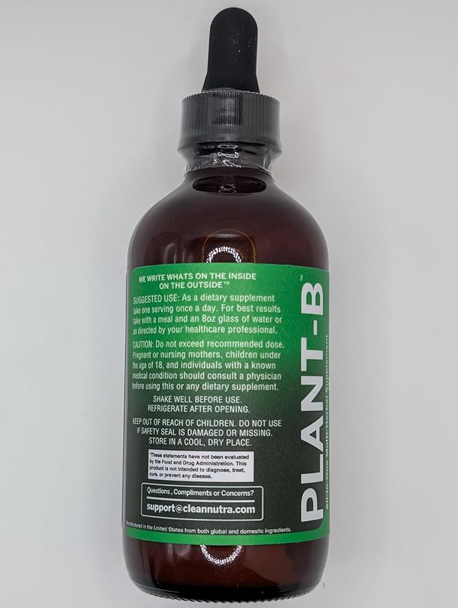 Vitamin B Complex Liquid Drops | Thiamine B1, B6, B2, B3, B4, B5, B7 B9, B12, Niacinamide, Paba, Choline Inositol Taurine Probiotics Beet Root Spirulina - Plant-B Vitamin Supplements by Clean Nutra