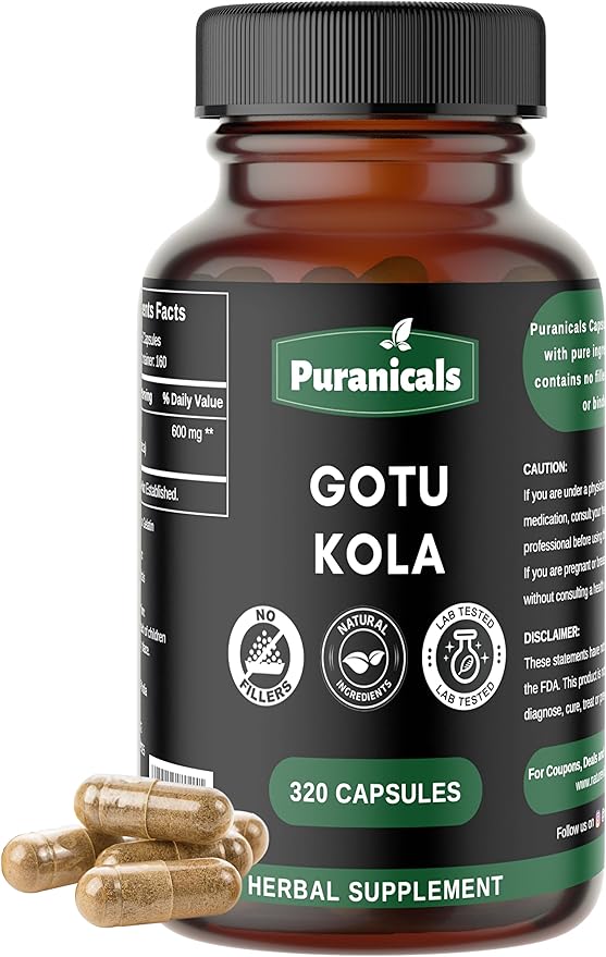 Gotu Kola Premium 320 Capsules Non GMO and Gluten Free | Herbal Supplement | 600 mg Per Serving | Made with 100% Pure Gotu Kola Powder