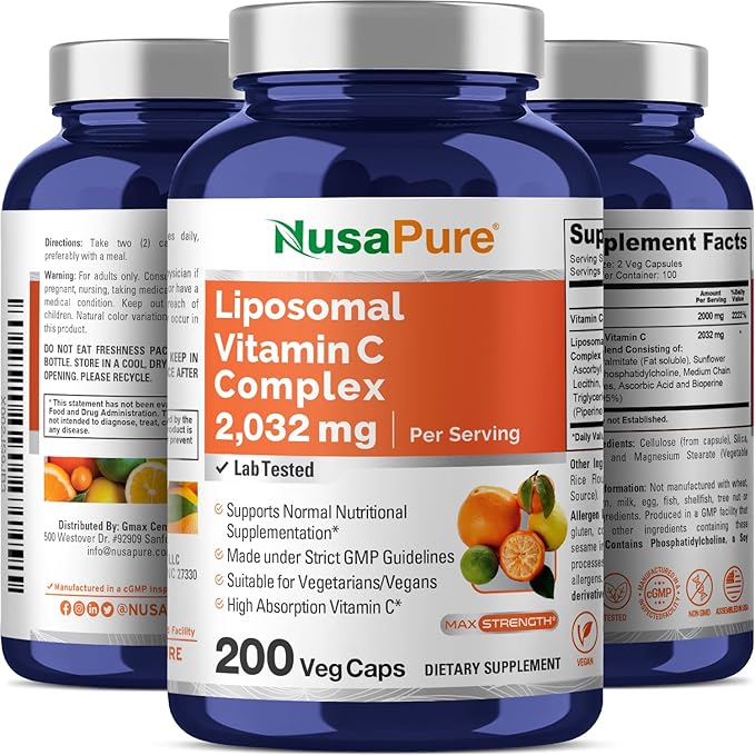 NusaPure Liposomal Vitamin C 2032mg - 200 Veggie Vegan Capsules, BioPerine - High Absorption Ascorbic Acid