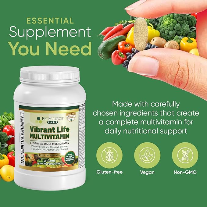 Vibrant Life Multivitamin with Probiotics, Digestive Enzymes & B-Complex – Over 45 Fruits and Veggies, Non-GMO, Gluten-Free, Daily Vitamins & Minerals for Men & Women (30-Day Supply)