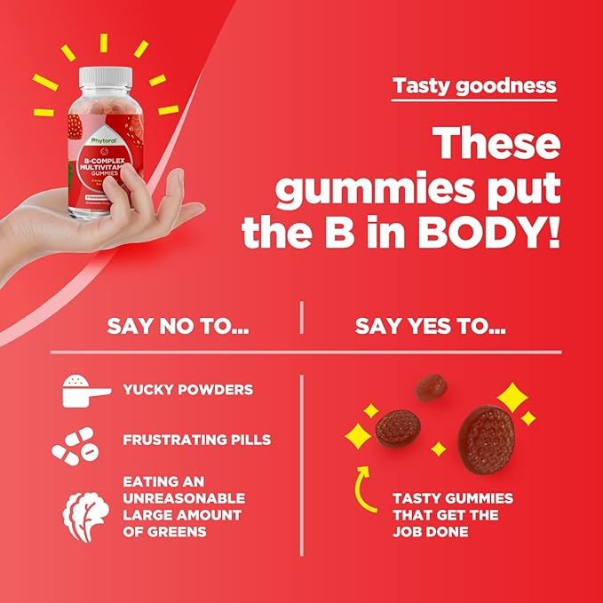 Vitamin B Complex Gummies for Adults & Kids - B Vitamins Complex with Thiamin, Riboflavin, Niacin, 6, 12 and Folate - Blend Supplement for Nervous System Support, Energy & High Strength - 60 Gummies