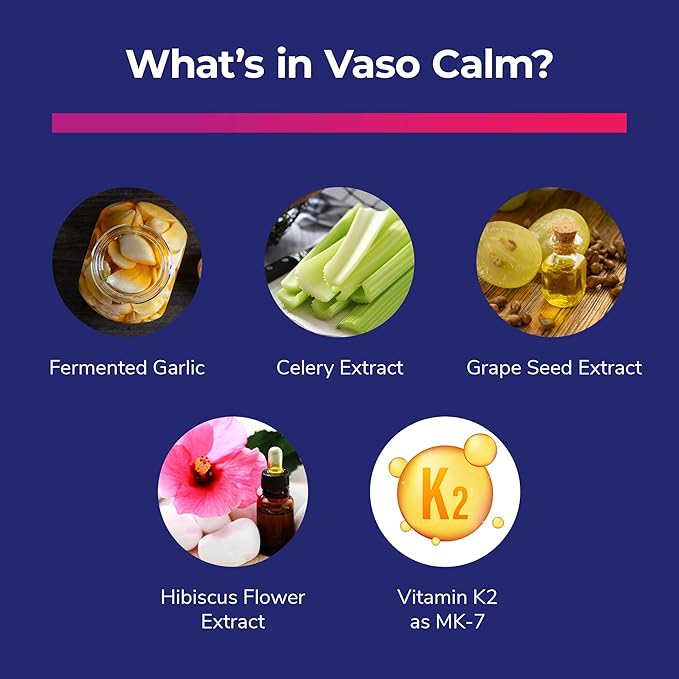 Vaso Calm - Healthy Blood Balance Supplement - Features Fermented Garlic, Celery and Grape Seed Extract, Hibiscus, and Vitamin K2 - Made in The USA