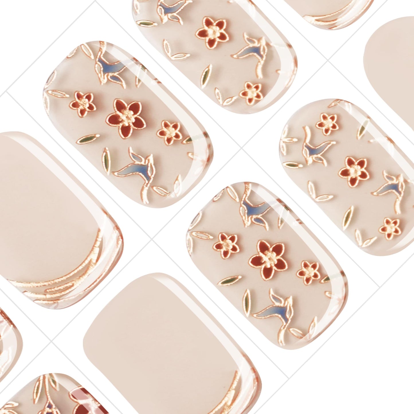 GelMala Semi Cured Gel Nail Strips Beige Antique Oriental Gel Nail Art Strips Gold Foil Line Semi Cured Gel Nail Strips,Easy to Apply&Remove Gel Nail Wraps Easy for begginners (Oiseaux émaillés)