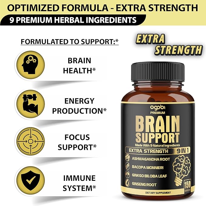 agobi 9in1 Brain Support Supplement - Blended with Ashwagandha, Panax Ginseng, Gotu Kola, Ginkgo Biloba, Black Pepper & More - Accuracy, Focus, Memory & Energy Booster - 150 Capsules for 5 Months