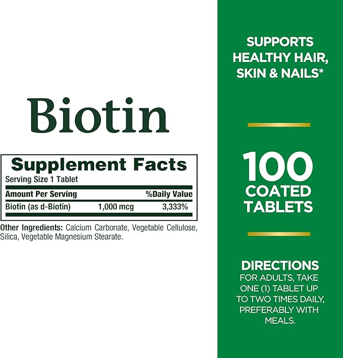 Nature's Bounty Biotin, Vitamin Supplement, Supports Metabolism for Cellular Energy and Healthy Hair, Skin, and Nails, 1000 mcg, 100 Tablets (Pack of 3)