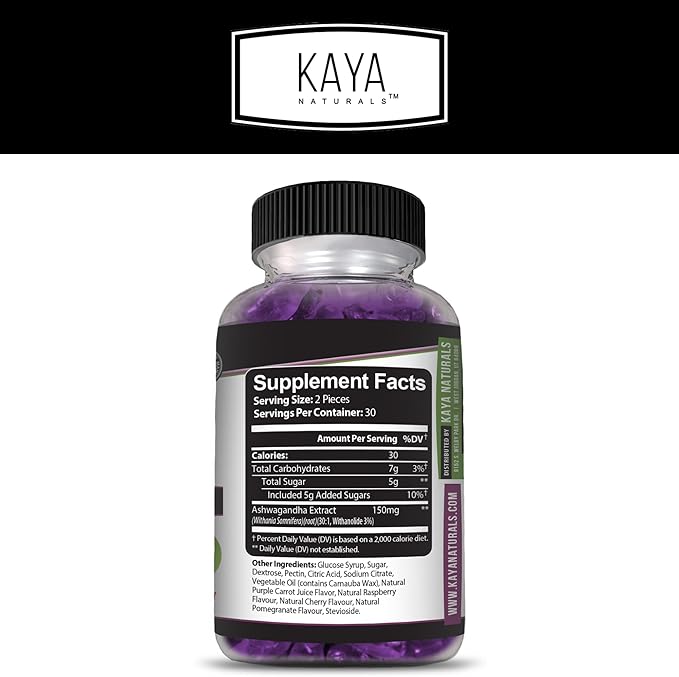 Kaya Naturals Ashwagandha Bitter Gummies - Natural Stress Relief, Boost Energy & Mental Clarity, Non-GMO, Gluten-Free, Chewable Gummies - 60 Count