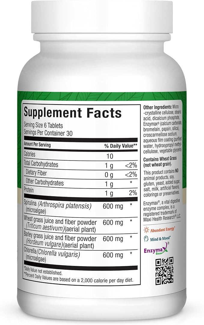 Maxi Health Green Vitality - Green Superfood - Energy and Mood Formula - 180 Tablets - Kosher