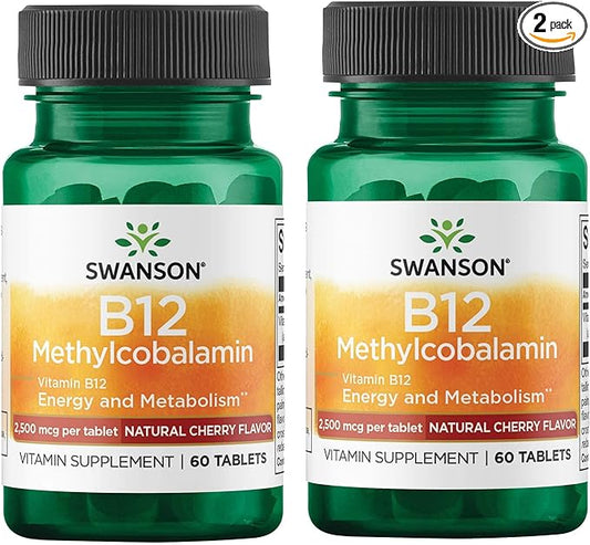 Swanson Vitamin B12 Methylcobalamin - Natural Black Cherry Flavored 2,500 mcg 60 Tabs (2 Pack)