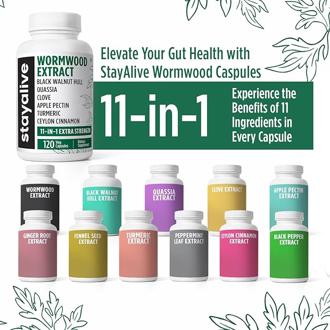 STAY ALIVE Wormwood Black Walnut Clove Cleanse Extract, 11-in-1 Extra Strength Complex, 120 Pills, Herbal Supplement for Adults, Vegan, Non-GMO & Gluten Free Sweet Wormwood Capsules