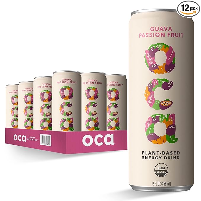 OCA - Plant Based Energy Drink - Natural Low Sugar - Organic Energy Drink & Vegan - Guava Passion Fruit - 60 cal. can - 12 Pack