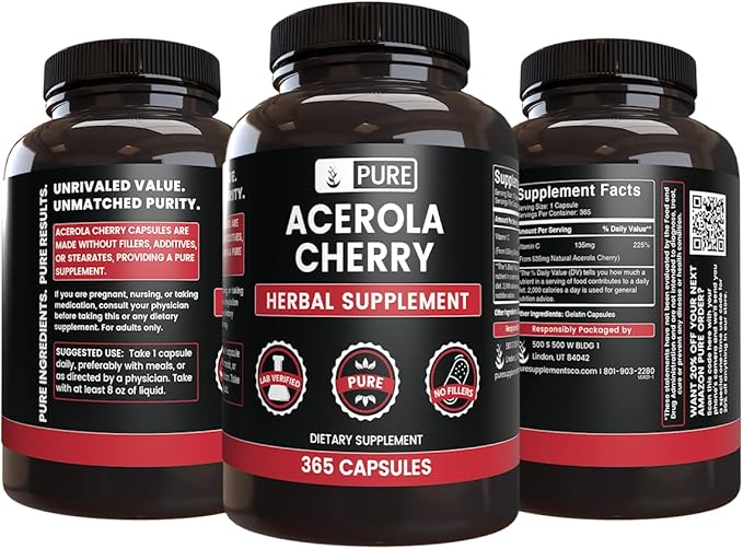 PURE ORIGINAL INGREDIENTS Acerola Cherry (365 Capsules) No Magnesium Or Rice Fillers, Always Pure, Lab Verified
