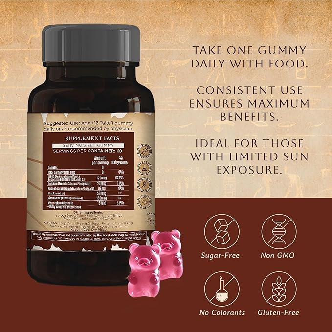 Vitamin D3 5000 IU Sugar Free Gummies with Black Seed Oil - Supports Bone, Muscle, Cardiovascular & Immune Health - Chewable Vitamin D - USA Made