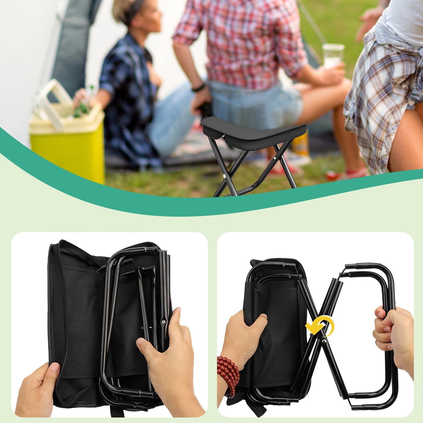 2 Pack Camping Stool, Portable Folding Stool with Carry Bag, 11 Inch Small Folding Stool for Adults, Collapsible Camp Stool Outdoor Footstool for Travel Walking Hiking Fishing Picnic BBQ - Black