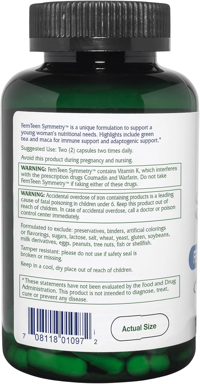Vitanica FemTeen Symmetry, Vitamins for Teens, Daily Multivitamin, Vegan, 120 Capsules