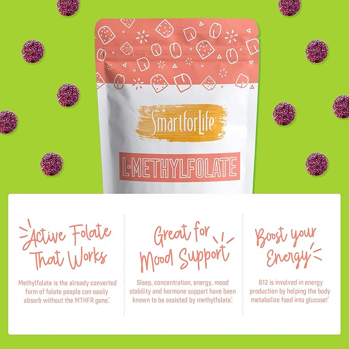 Smart for Life L-Methylfolate Gummies with Vitamin B12 Raspberry Flavor - 10mg - 60 Gummies - Active Folate 5 MTHFR Support Supplement Professional Strength - Doctor Designed Methyl Folate