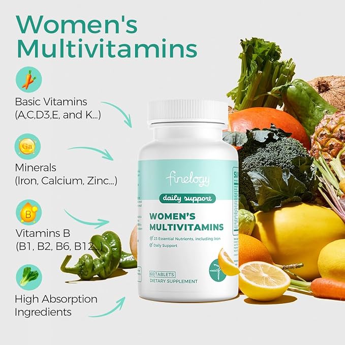 Womens Multivitamin - Essential Nutrients with Iron, Vitamins A, C, D3, K, B6 and B12 Supplements for Women’s Health, Energy Hair Skin & Nails - Daily Multivitamin for Women- 60 Count