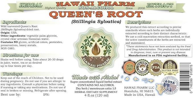 Queen's Root Alcohol-Free Liquid Extract, Queen's Root (Stillingia Sylvatica) Dried Root Glycerite Natural Herbal Supplement, Hawaii Pharm, USA 4 fl.oz