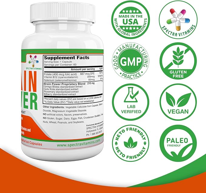 Spectra Vitamins Brain Power, Supports Focus, Nootropics, Improves Memory, Alertness for Men & Women, Ginkgo Biloba, Gotu Kola, 60 Capsules,