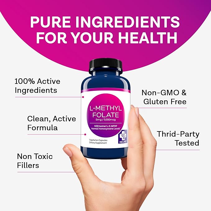MD Life L-Methylfolate 5mg - Professional-Grade Active Methylfolate Supplement - Maximum Potency MTHFR Supplements - L methylfolate 5mg 120 Capsules - Essential Amino Acids