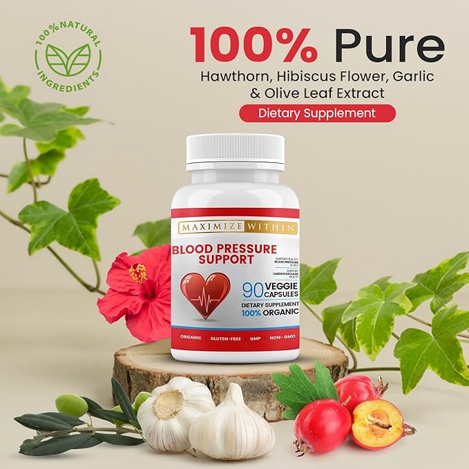 Premium Blood Pressure Support Supplements with Hawthorn, Hibiscus, Olive Leaf, Green Tea, Garlic, & Organic Herbs. for a Healthy Lifestyle-90 Capsules