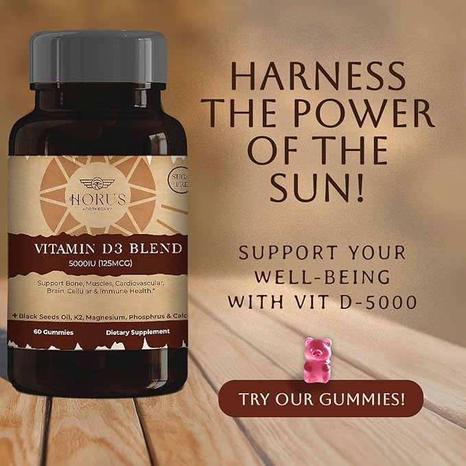 Vitamin D3 5000 IU Sugar Free Gummies with Black Seed Oil - Supports Bone, Muscle, Cardiovascular & Immune Health - Chewable Vitamin D - USA Made