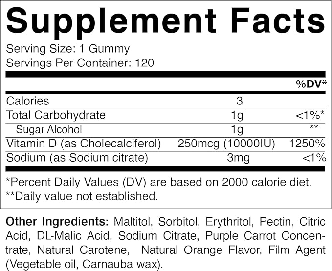 Vitamatic Sugar Free Vitamin D3 10000 IU - 120 Pectin Based Gummies - Great Taste - Healthy Bones, Mood & Immune System Function - Non-GMO - 120 Servings