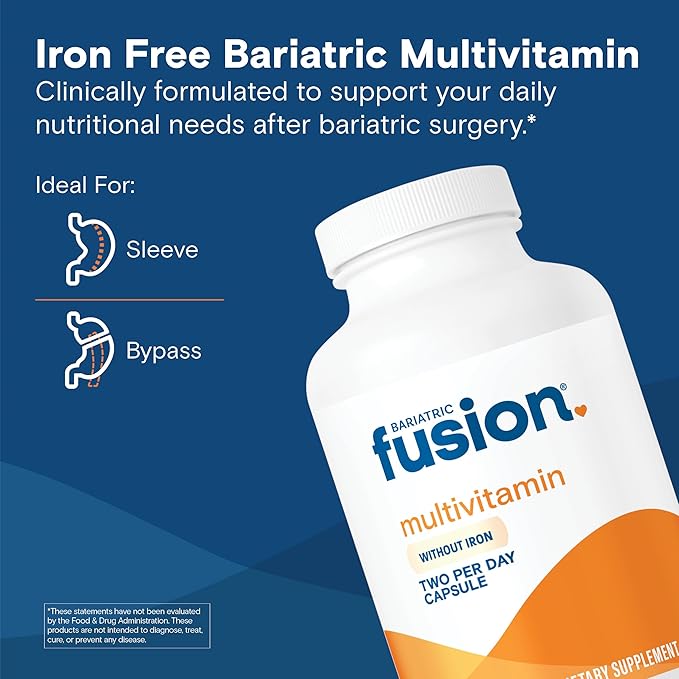 Bariatric Fusion Bariatric Multivitamin Without Iron | Post Bariatric Surgery Patients | Iron Free Bariatric Vitamin for Gastric Bypass and Sleeve Gastrectomy | 180 Capsules | 3 Month Supply
