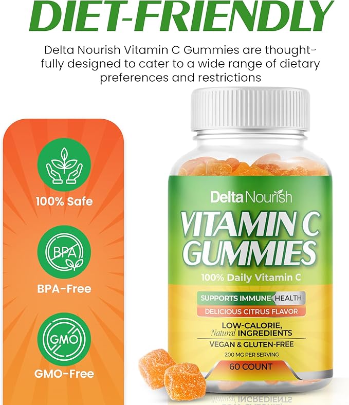 Vitamin C Gummies - Immune Support Supplement - 200mg Vitamin C Per Serving - Non-GMO, Gluten-Free, Natural Citrus Flavor - Antioxidant Support - 60 Gummies (5)