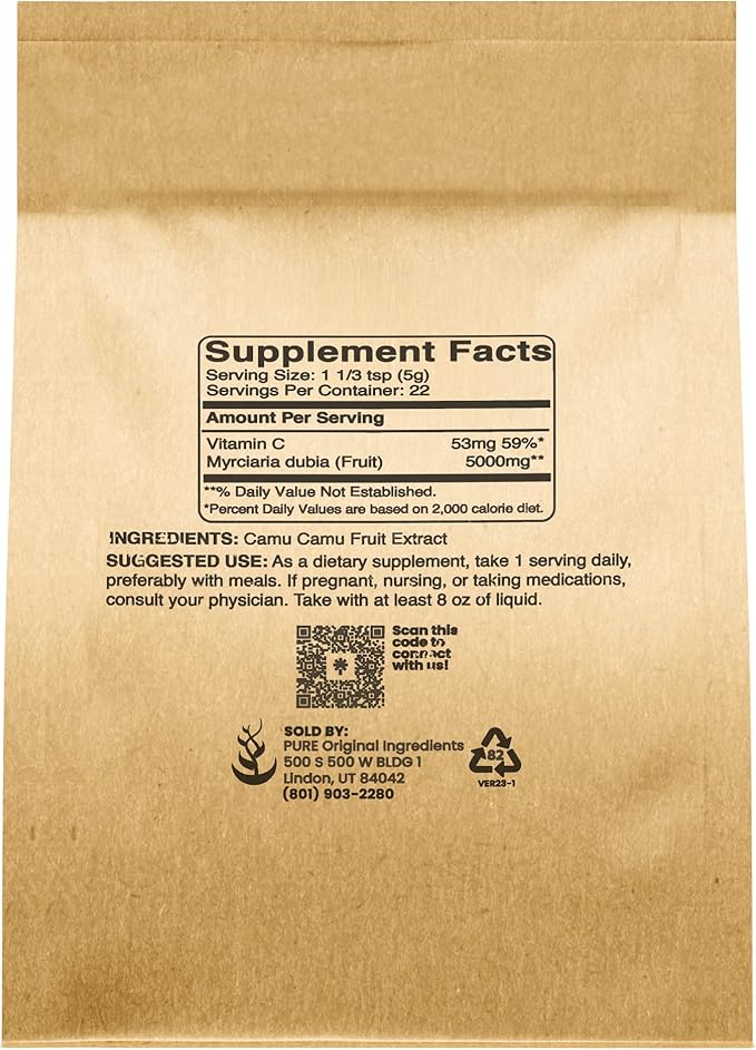 PURE ORIGINAL INGREDIENTS Camu Camu (4oz) Vitamin C, Brazilian Superfood, Lab-Verified, Non-GMO