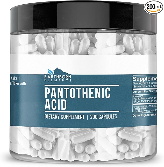Earthborn Elements Pantothenic Acid 200 Capsules, Pure & Undiluted, No Additives