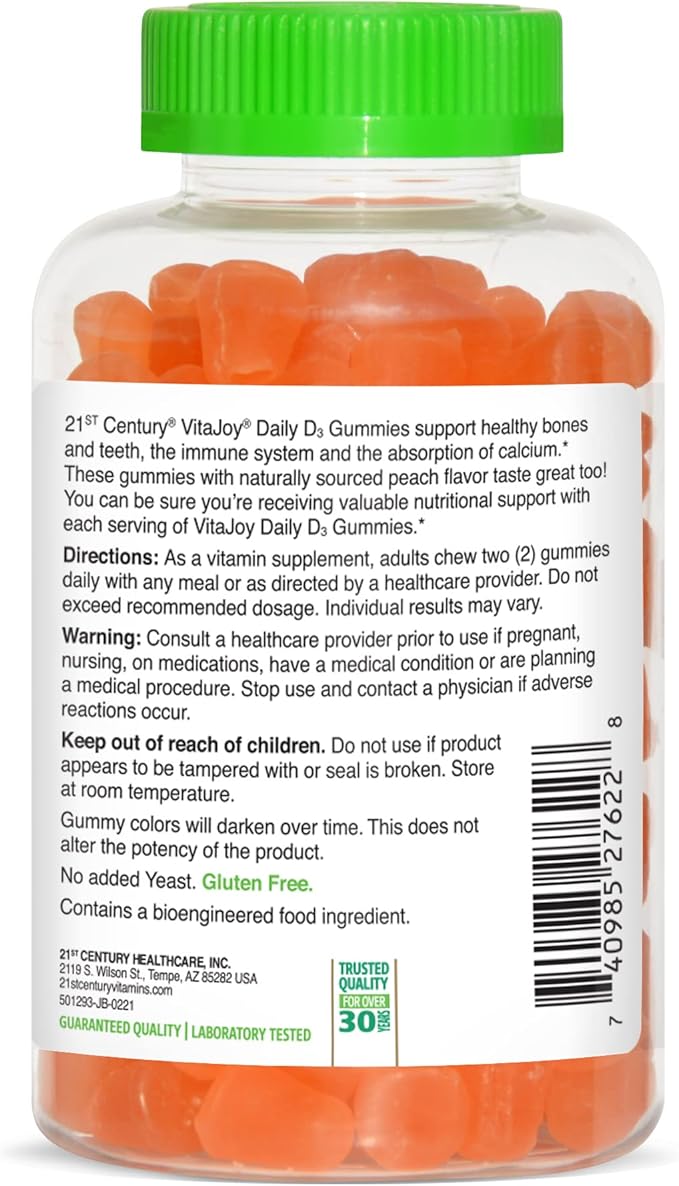 21st Century VitaJoy Daily Vitamin D3 50 mcg (2,000 IU) Gummies, Peach, 120 Count