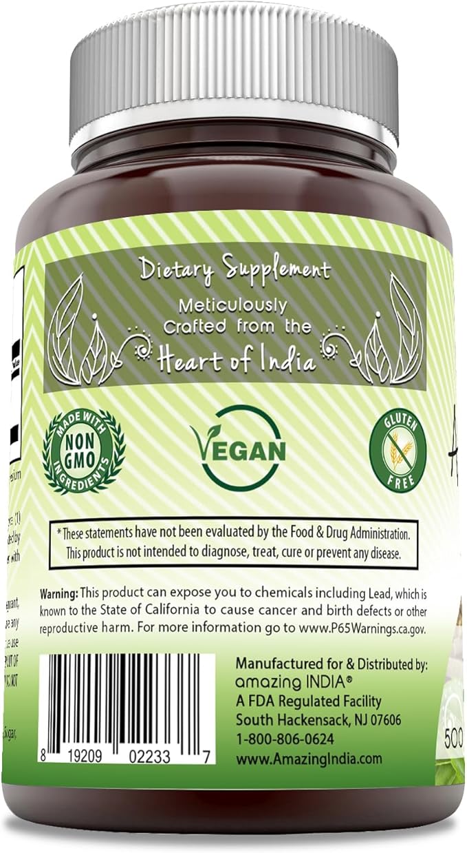 Amazing India Natural Ashwagandha | 500 Mg Per Serving | Veggie Capsules | Non-GMO | Gluten Free | Made in USA (250)