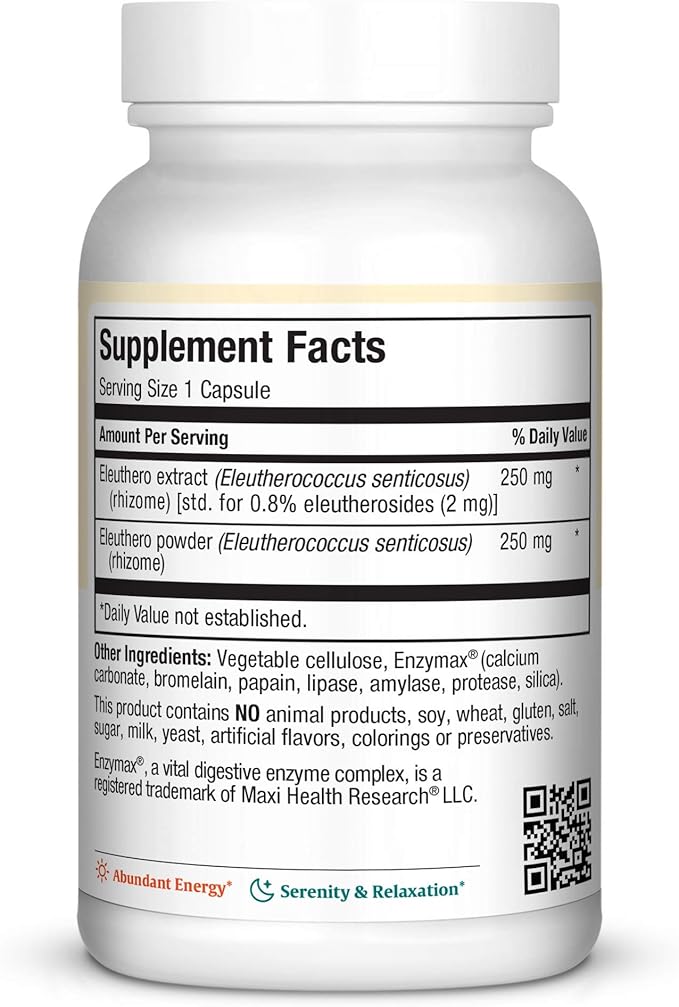 Maxi Health Eleuthero - 0.8% Eleutherosides - Stress and Energy Formula - 60 Capsules - Kosher (QSG)