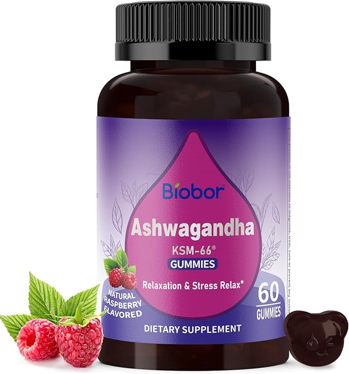 Ashwagandha Gummies, KSM-66 Ashwagandha Root Extract with Vitamin D3, Stress Support Immune Support for Adults - GMO Free, Gluten Free (Raspberry, 60 Count)