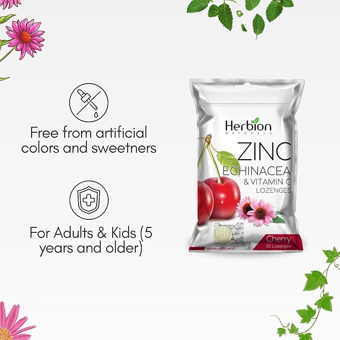 HERBION Naturals Zinc, Echinacea & Vitamin C Lozenges with Cherry Flavor, 25 CT - Dietary Supplement for Adults & Children 5+ - Promotes Wellness for The Whole Family - (Pack of 5) (125 Lozenges)