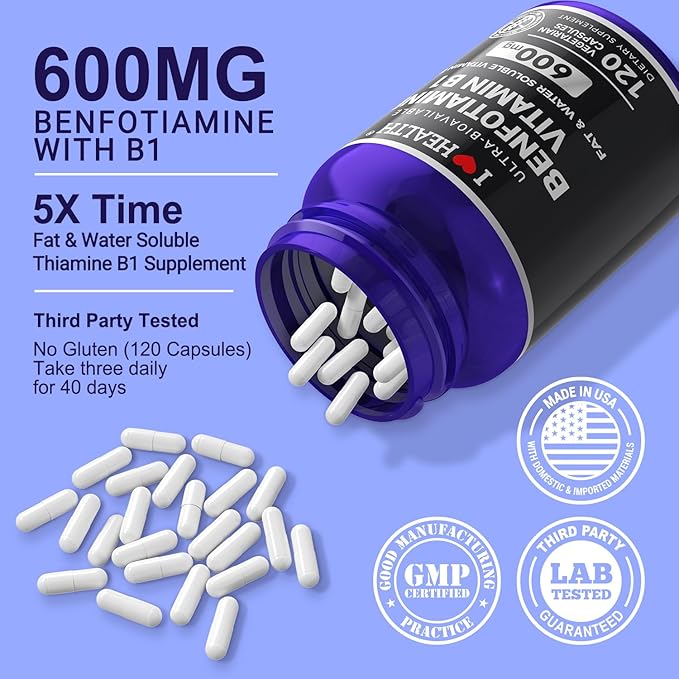 Benfotiamine 600mg Plus 20mg Vitamin B1 | 120 Veggie Capsules | Made in USA | 3rd Party Tested | Fat Soluble Essential Vitamin B1 Thiamine Supplement | Non-GMO | Gluten Free-Vegetarian Friendly
