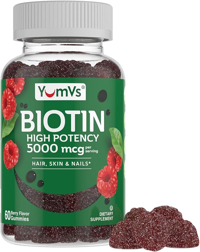 YumVs Biotin Gummies 5000mcg - Luscious Raspberry Flavor - Thicker Faster Hair Growth Gummies for Women or Men - Hair, Skin & Nails Vitamins - Hair Gummies - Vegetarian Biotin Supplement (60 Count)