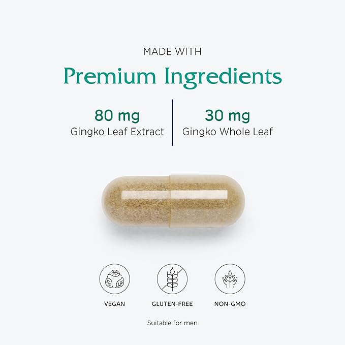 Vitanica Ginkgo Biloba Extract Supports Circulation and Cognitive Health, Standardized to 24% Flavone Glycosides, 6% Terpene Lactones, Vegan, Non-GMO, Gluten Free, 90 Capsules (Ginkgo Pro Logo)