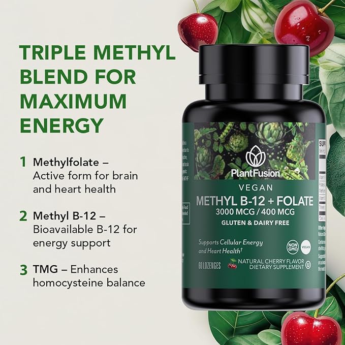 PlantFusion Methylated Vitamin B Complex – Vegan B12 3000mcg, Vegan Methylfolate (5-MTHF) 400mcg, B6 & TMG – Cherry-Flavored Lozenges – 60 Count