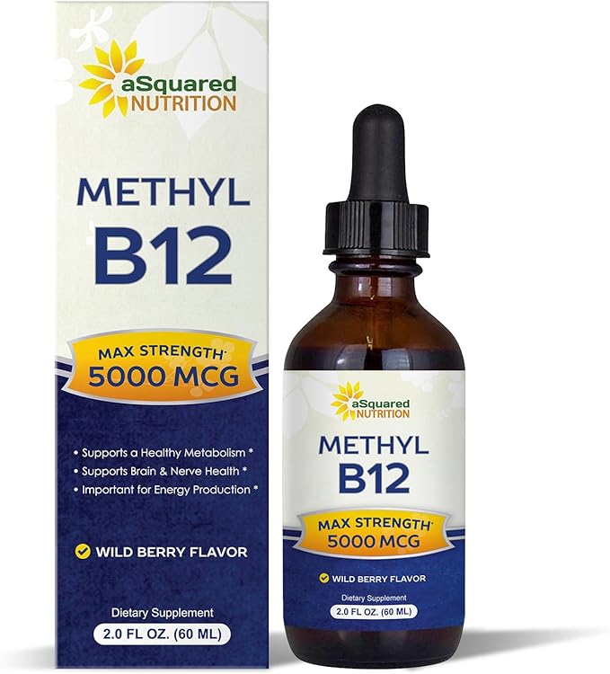 aSquared Nutrition Vitamin B12 Sublingual Liquid Drops - 5000 MCG Supplement with Methylcobalamin (Methyl B-12) - Max Absorption B 12 to Increase Energy - Vegan Friendly - 2 fl oz