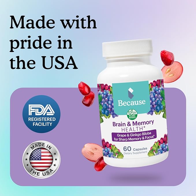 Because Brain Supplement for Memory & Focus - Proprietary Blend with Ginkgo Biloba - Supports Cognitive Function, Attention & Mental Clarity - Vegan, Gluten-Free, Non-GMO - 740mg Serving - 60 Capsules