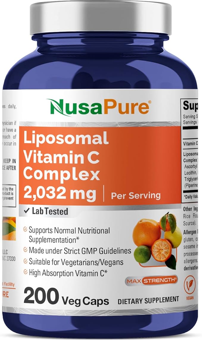 NusaPure Liposomal Vitamin C 2032mg - 200 Veggie Vegan Capsules, BioPerine - High Absorption Ascorbic Acid