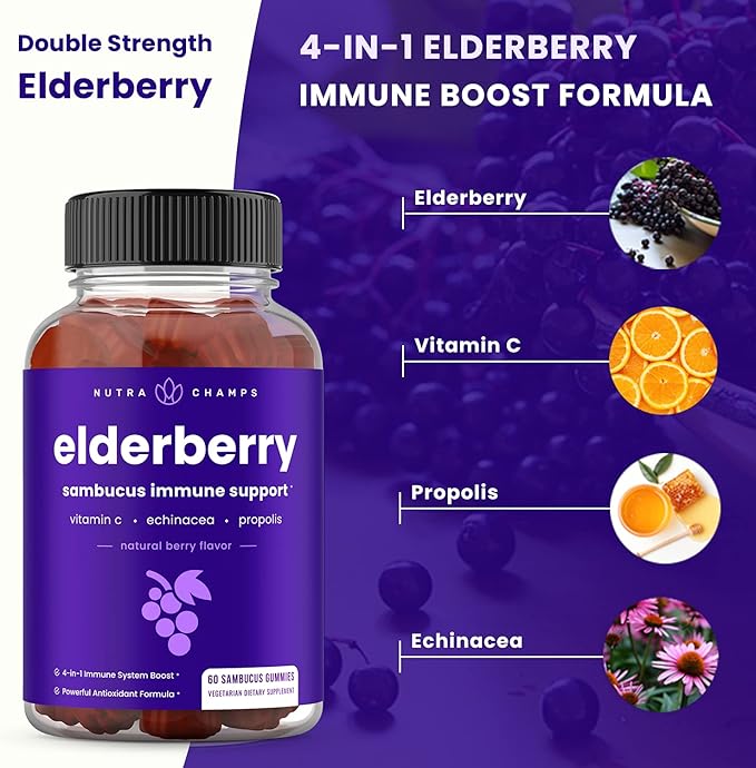 NutraChamps Elderberry Gummies, Sambucus Elderberry Gummies for Adults & Kids, Vitamin C, Propolis & Echinacea, Max Strength Immune Support Gummies, Natural Berry Flavor, 120 Gummies (Pack of 2)
