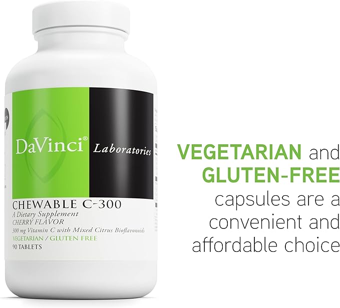 DaVinci Labs Chewable C-300 - Vitamin C Supplement to Support Immune Health, Cholesterol and Collagen Production - With Vitamin C, Pectin and More - Gluten-Free - Cherry Flavor - 90 Vegetarian Tablets