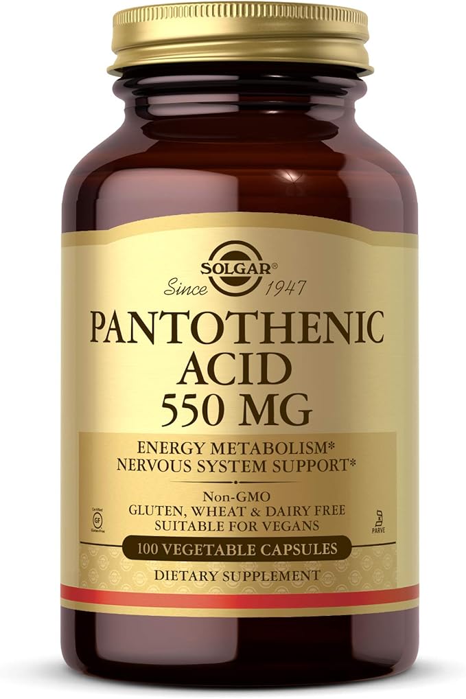 Solgar Pantothenic Acid 550 mg Vegetable Capsules Vitamin B5 Energy Metabolism Nervous System Support Gluten Free Dairy Free Kosher Servings, Standard Packaging, 100 Count